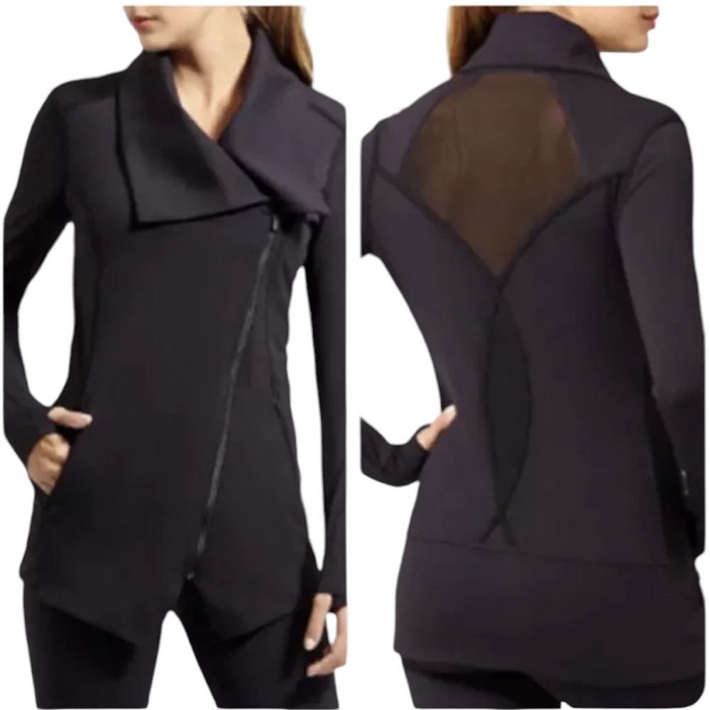 Athleta Blissout Jacket Small Black Moto Asymmetrical Thumbholes Pockets